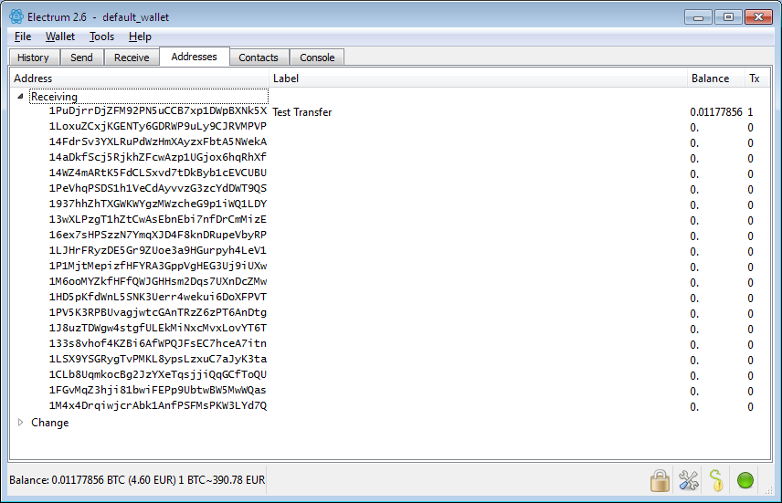 Screenshot: Electrum Client. Bitcoin Adressen.