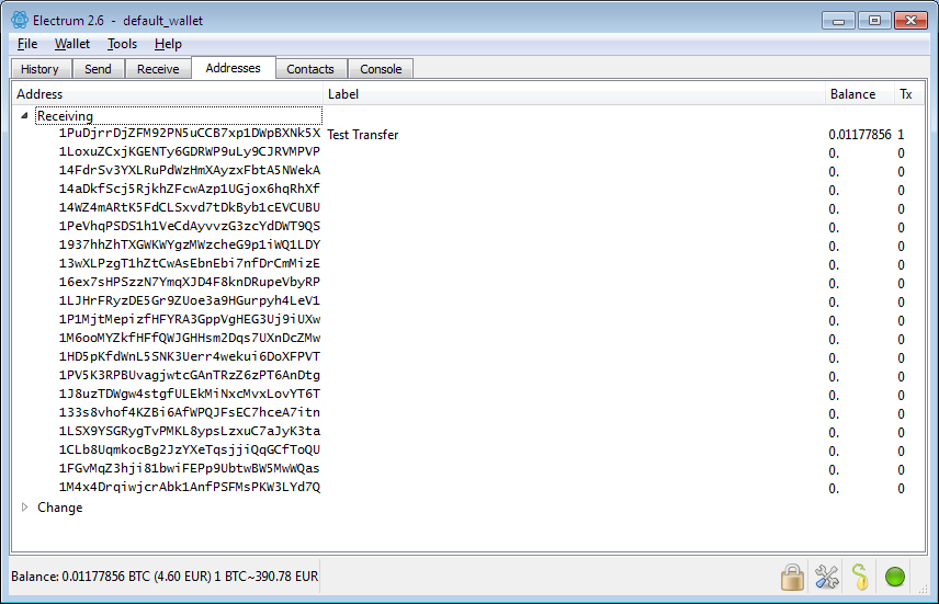 Screenshot: Electrum Client. Bitcoin addresses