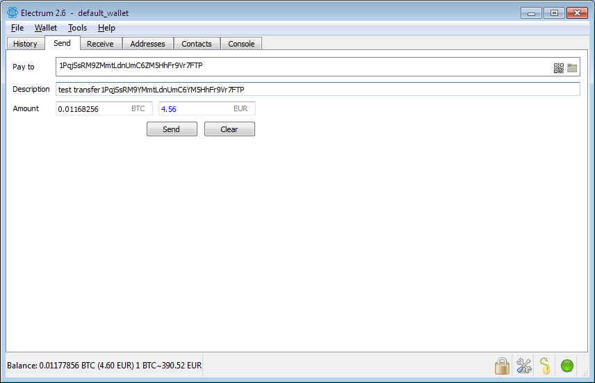 Screenshot: Electrum Client. Bitcoin transaction.