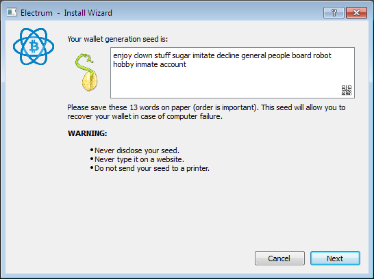 Screenshot: Electrum Client. Wallet seed