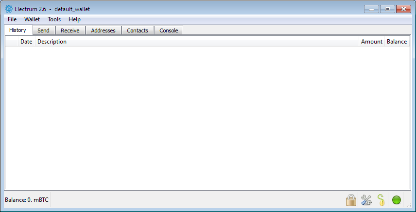 Screenshot: Electrum Client. Overview window for your Wallet