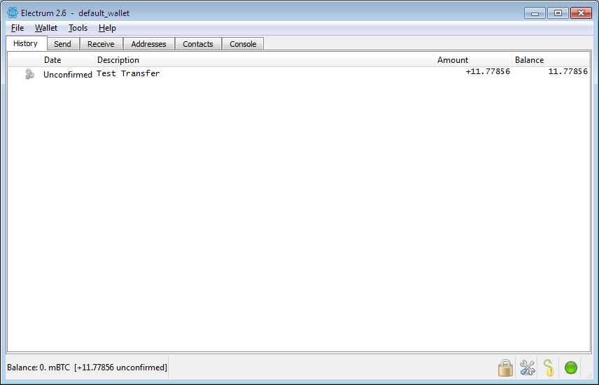 Screenshot: Electrum Client.Geldeingang unter "History".