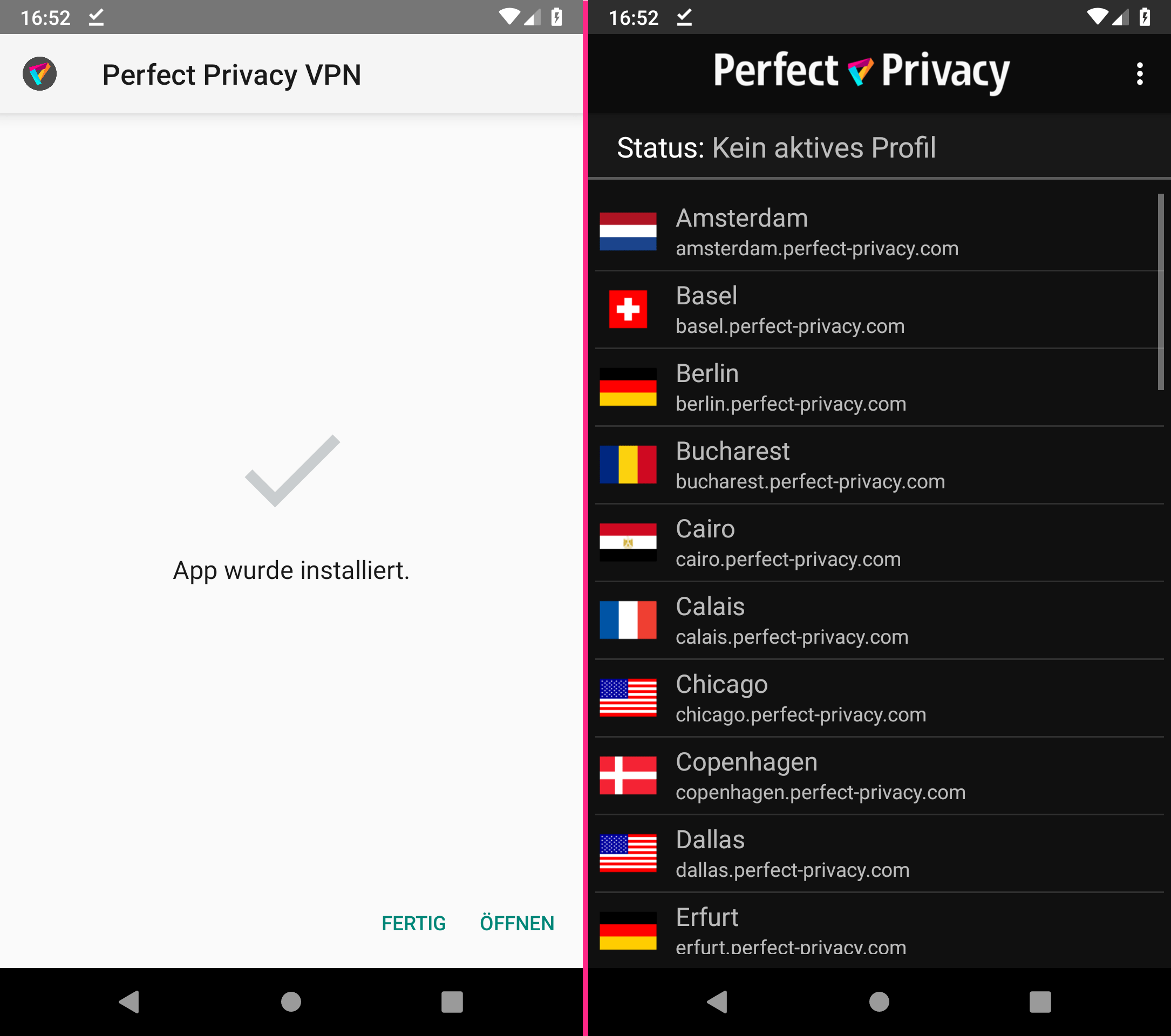 Installation abgeschlossen | Perfect Privacy VPN App für Android: .apk herunterladen & installieren
