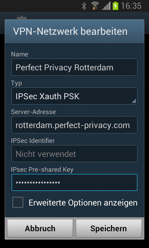 Android: VPN Netzwerk bearbeiten für IPsec Xauth PSK | IPsec für Android