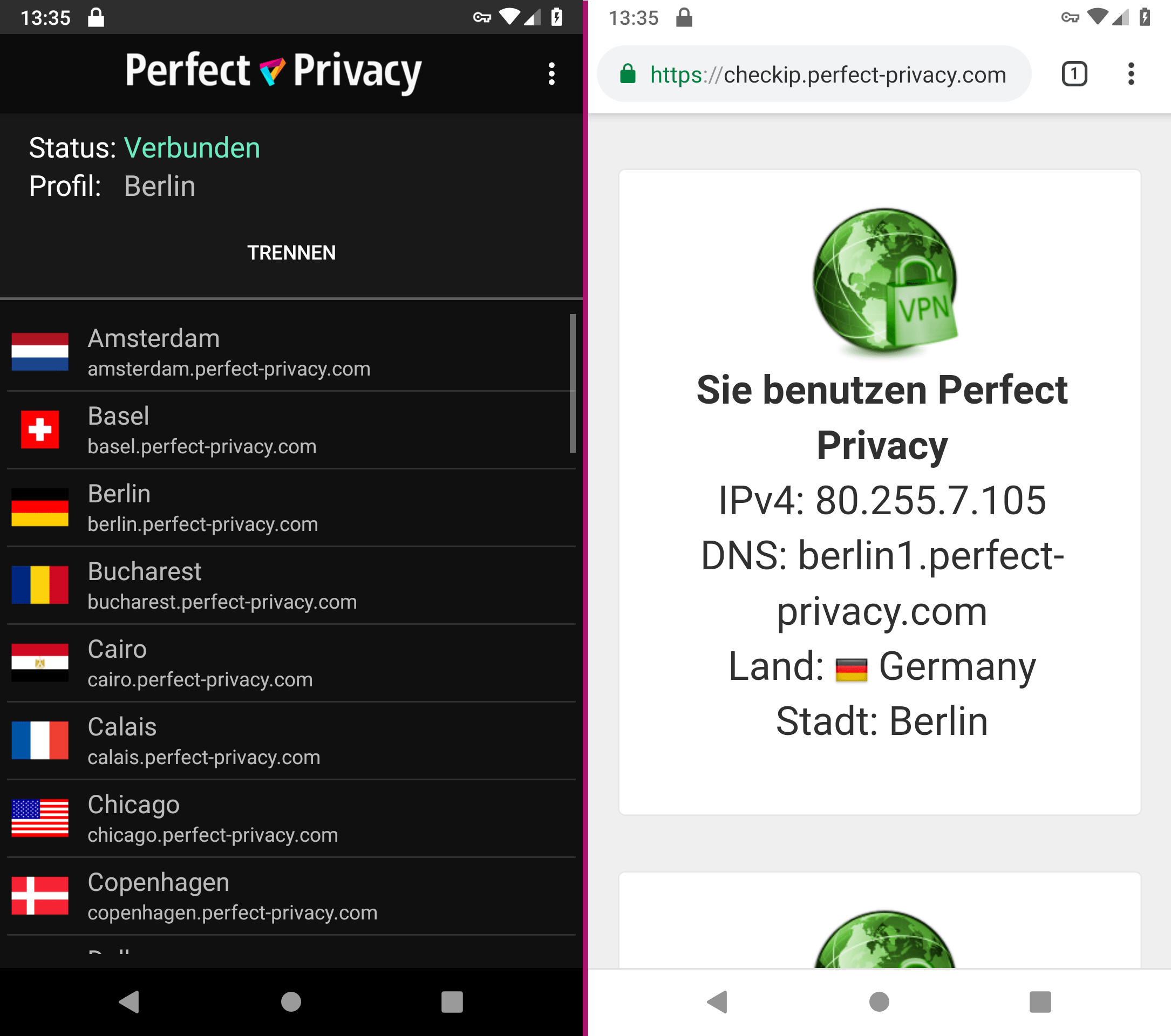 VPN App für Android: Verbindung hergestellt | Perfect Privacy VPN App für Android