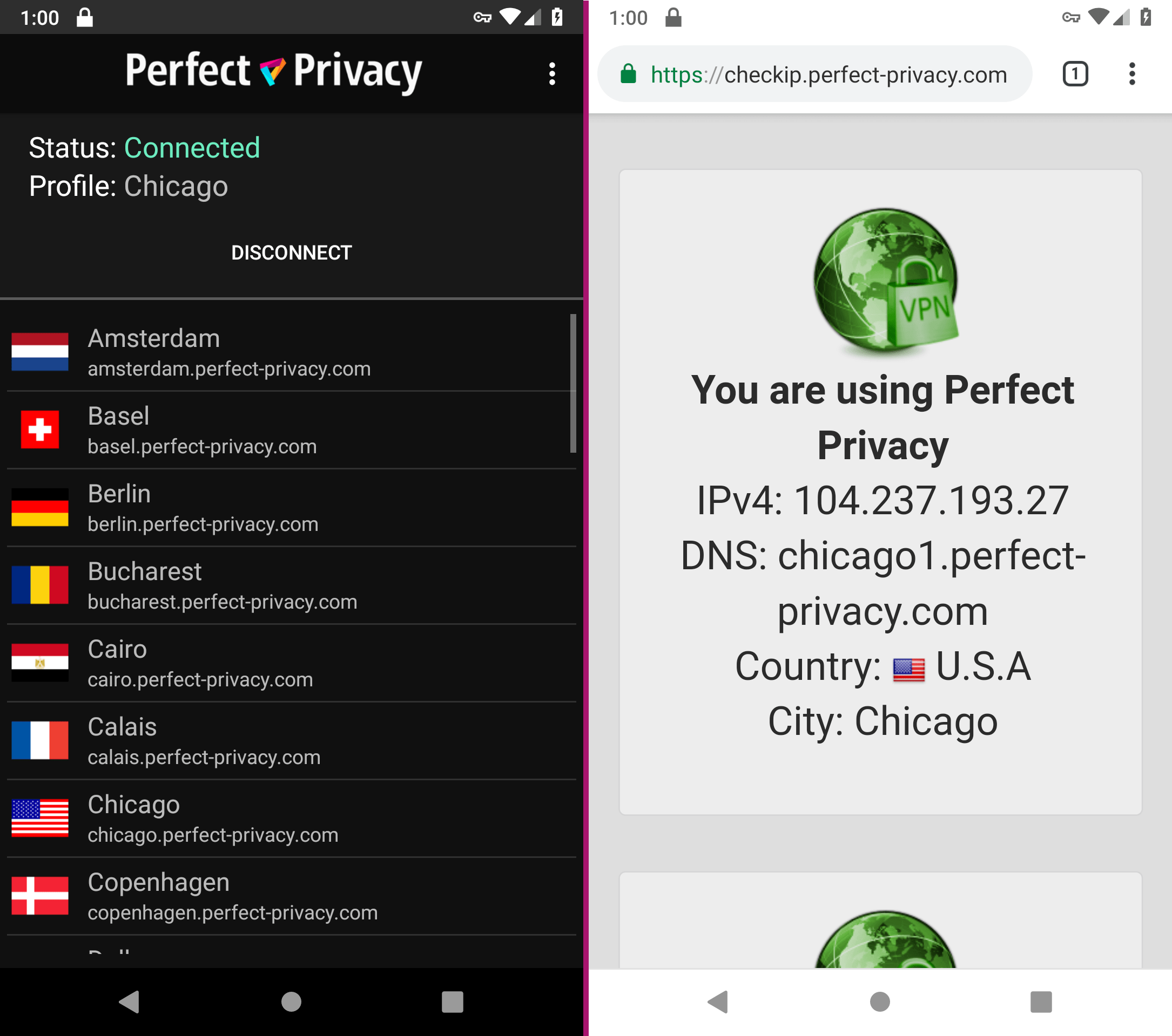 VPN app for Android: Connection established | Perfect Privacy VPN App for Android