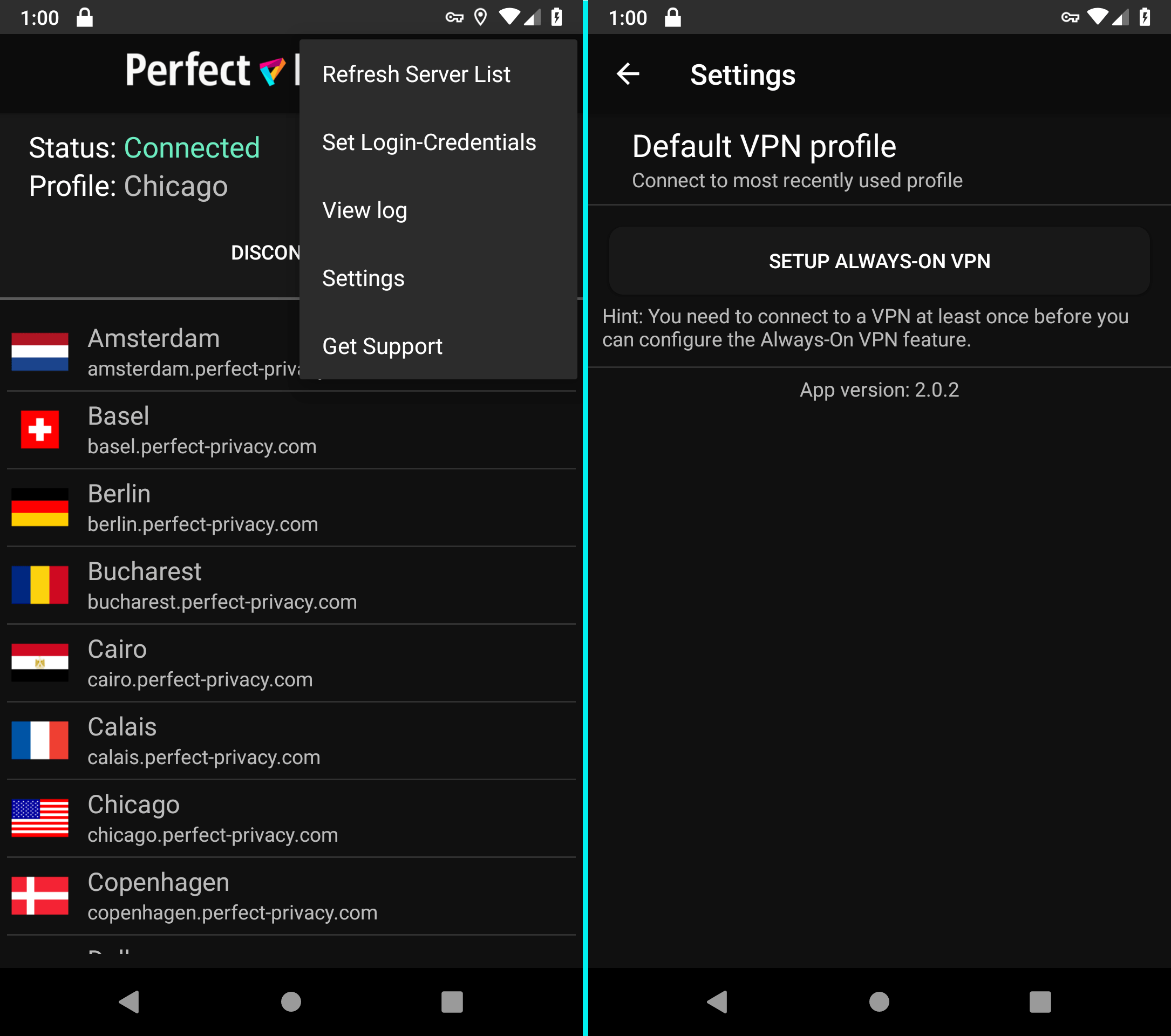 VPN app for Android: Settings | Perfect Privacy VPN App for Android