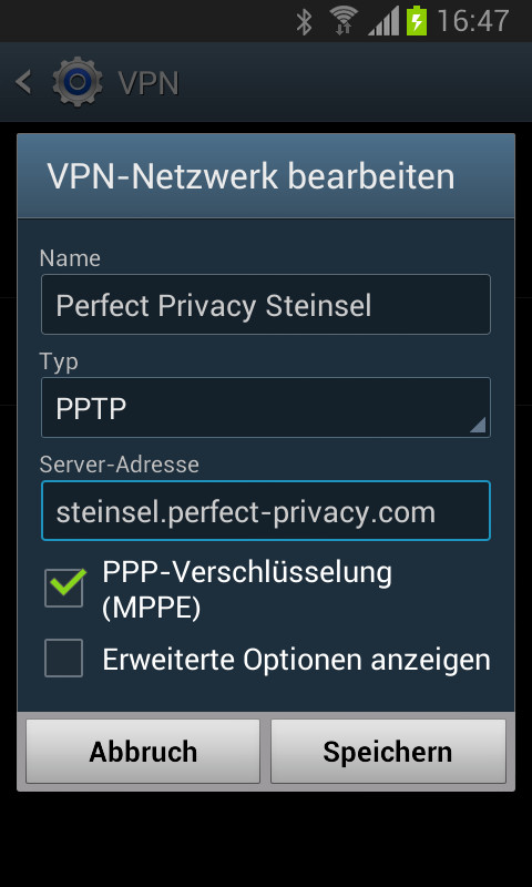 Android: VPN Netzwerk bearbeiten, Typ PPTP und Haken bei PPP Verschlüsselung (MPPE) setzen | PPTP für Android