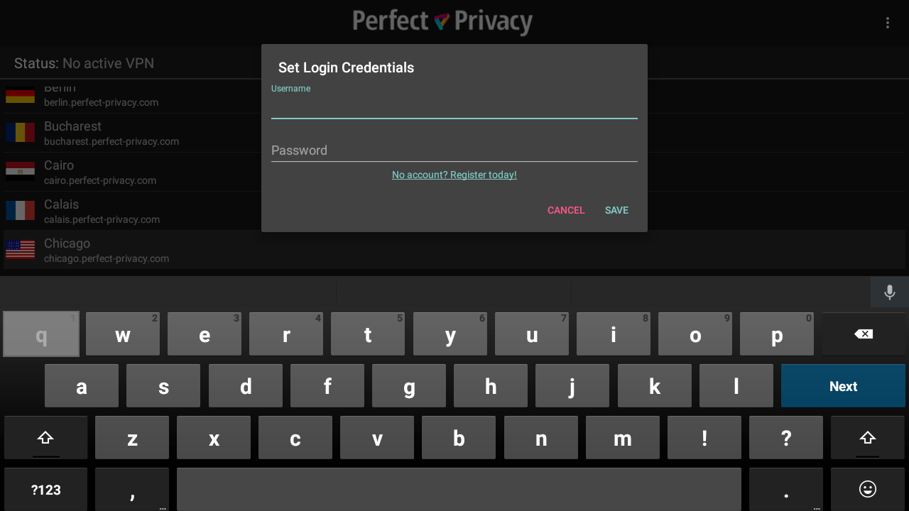 Enter login credentials | Perfect Privacy VPN on an Android TV Box (IPsec/IKEv2)