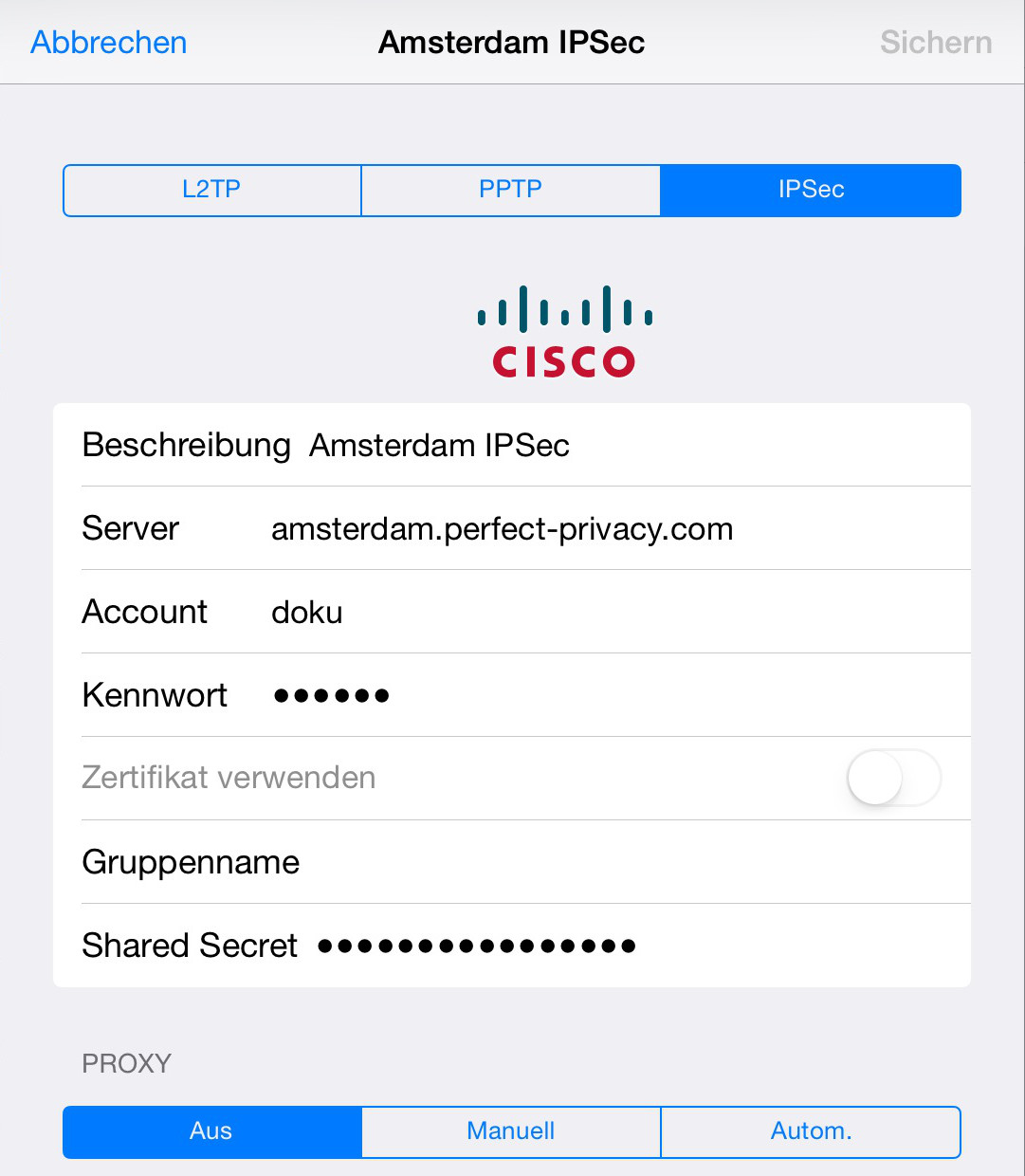 iPad (iOS) Auswahl IPsec und Eingabe der Konfigurationsdateien | IPsec mit iOS