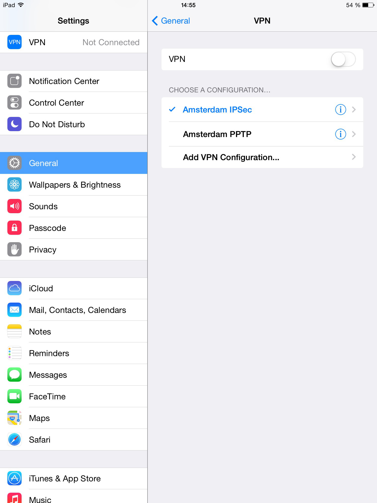 iPad (iOS), Settings > General > VPN: Add VPN Configuration | IPsec with iOS