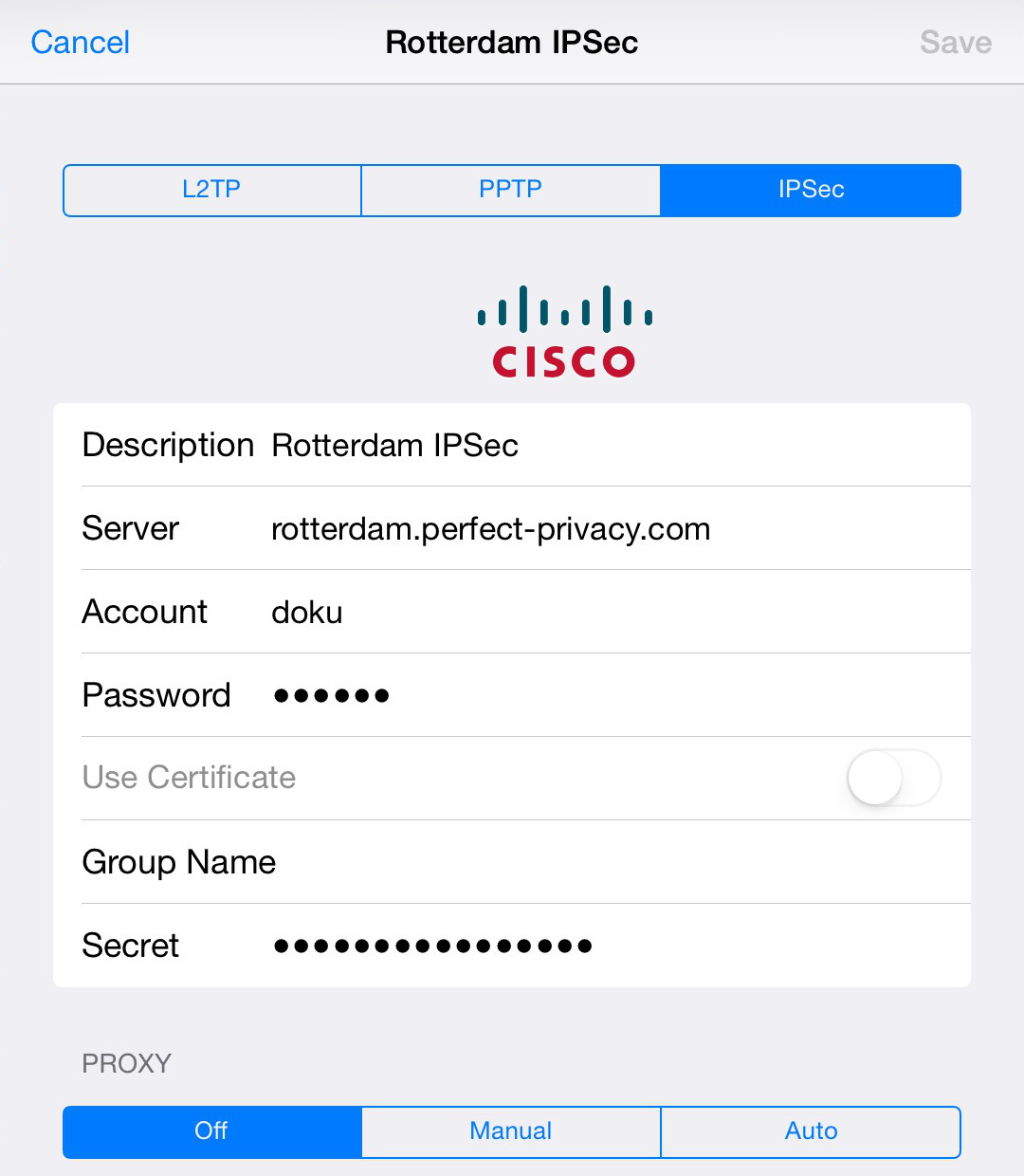 iPad (iOS) select IPsec and insert configuration data | IPsec with iOS