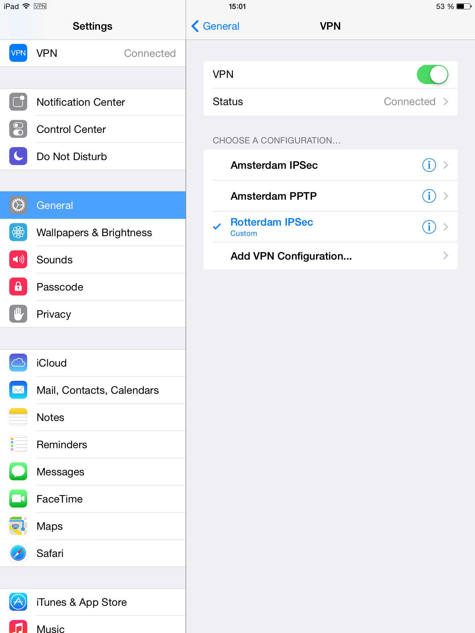 iPad (iOS) general settings VPN switch | IPsec with iOS
