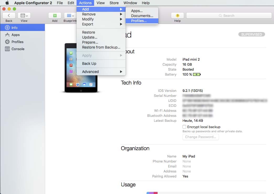 Apple Configurator 2: Im Menü Aktionen erst Hinzufügen und dann Profile auswählen | Always-On VPN mit iPhone und iPad