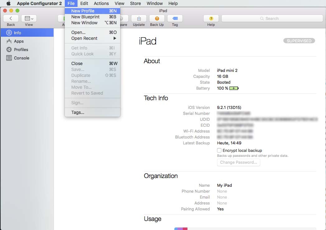 Apple Configurator 2: Im Menü Datei Neues Profil auswählen | Always-On VPN mit iPhone und iPad
