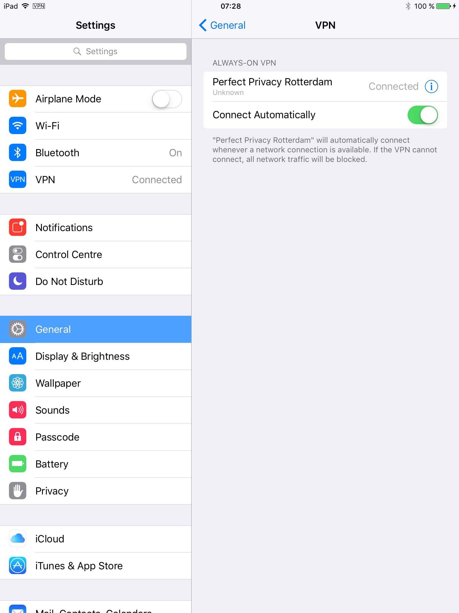 iPad: General settings connected with Perfect Privacy VPN | Always-On VPN with iPhone and iPad