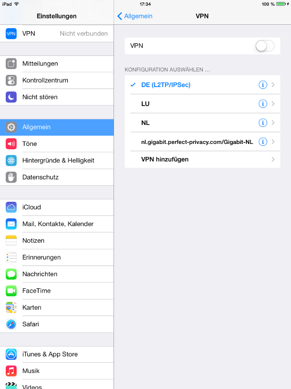 iPad Allgemeine Einstellungen: Klick auf VPN hinzufügen | L2TP/IPsec mit iOS