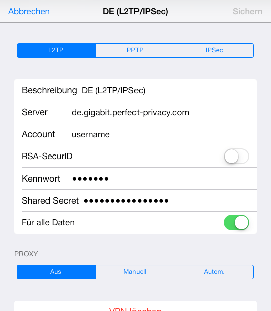 iPad Tab L2TP ausgewählt: Pre-shared Key (PSK) und Nutzerdaten eingeben | L2TP/IPsec mit iOS