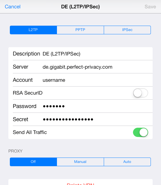 iPad Tab L2TP selected: Enter credentials and PSK | L2TP/IPsec with iOS