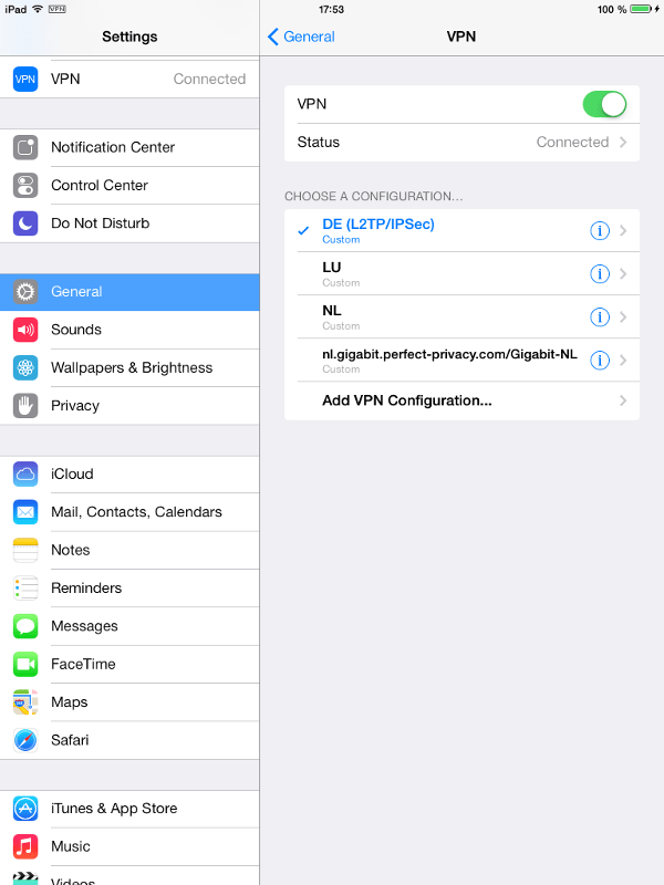 iPad Settings > General > VPN: Multiple VPN profiles with L2TP/IPsec available | L2TP/IPsec with iOS