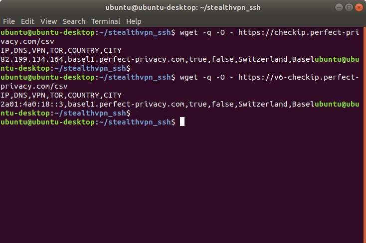Testergebnis von CheckIP im CSV-Format: Verbunden mit Basel1 | Stealth VPN unter Linux (OpenVPN & SSH)