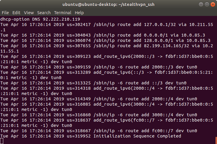 OpenVPN connection established in the terminal | Stealth VPN on Linux (OpenVPN & SSH)