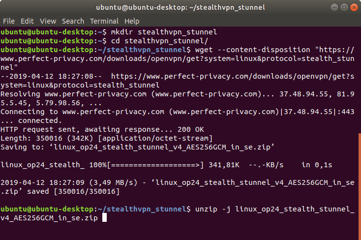 Use wget and unzip to download and extract the OpenVPN configuration files | Stealth VPN on Linux (OpenVPN & stunnel)