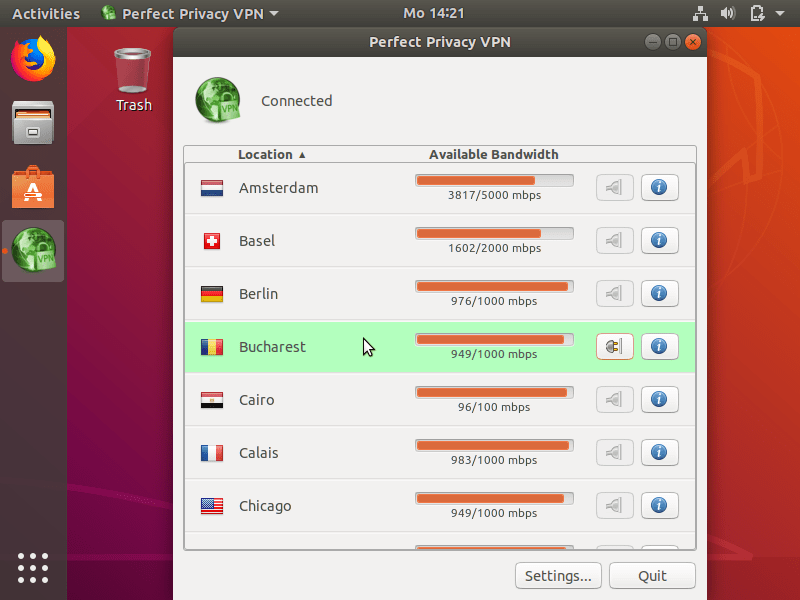VPN-Manager: VPN-Verbindung hergestellt | Perfect Privacy VPN-Software mit Ubuntu