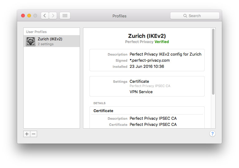 Screenshot: macOS IPsec IKEv2 profile is installed | IPsec (IKEv2) with macOS