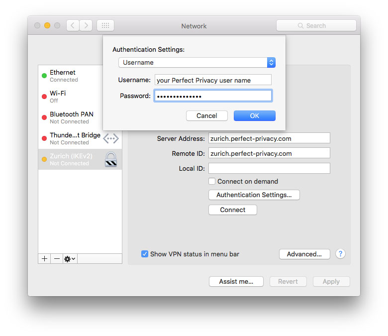 Screenshot: macOS IPsec IKEv2 profile: Enter your Perfect Privacy username and password | IPsec (IKEv2) with macOS