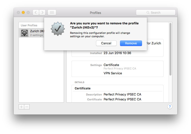 Screenshot: macOS IPsec IKEv2 remove profile | IPsec (IKEv2) with macOS