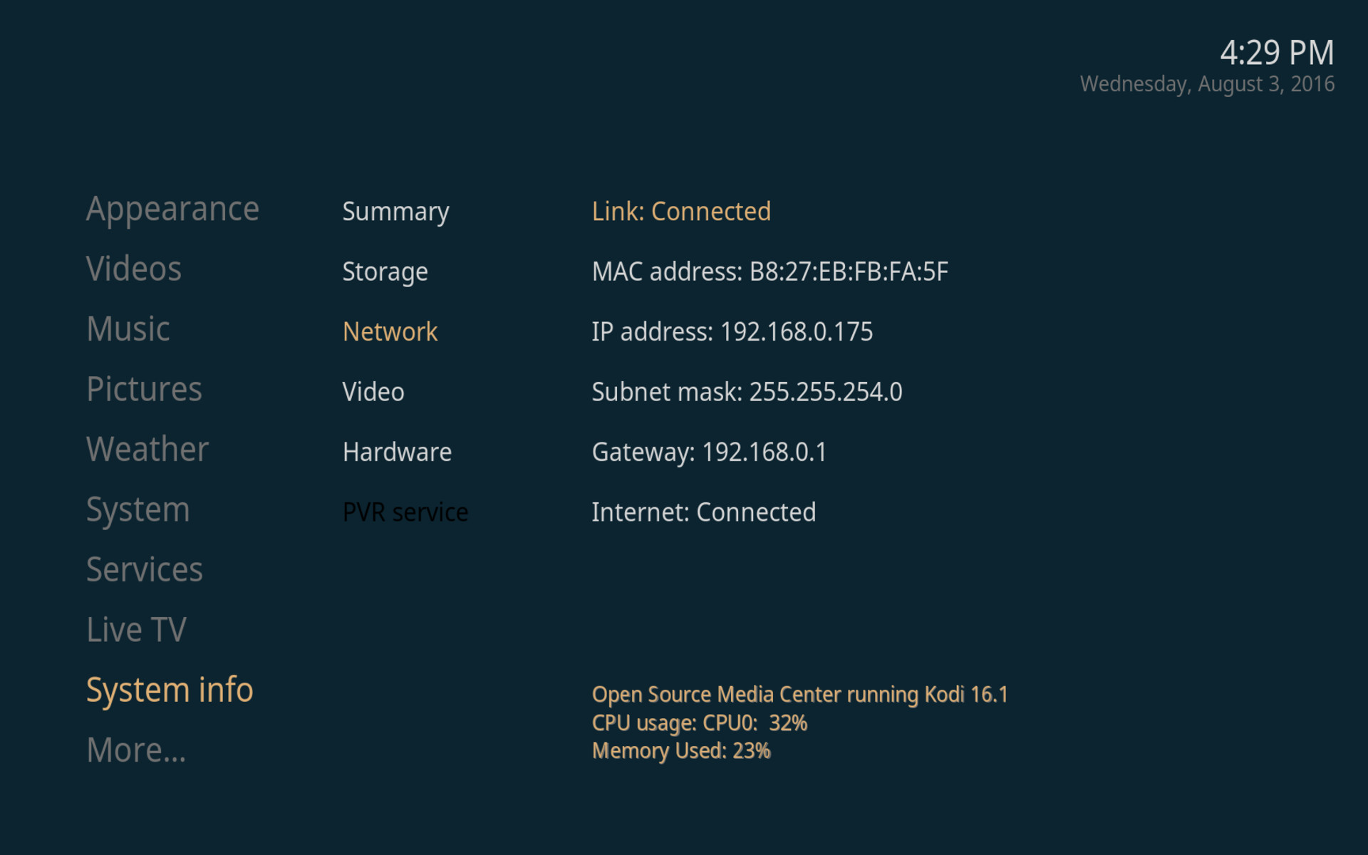 System > System Info > Network | Open Source Media Center (OSMC) auf Raspberry Pi mit VPN