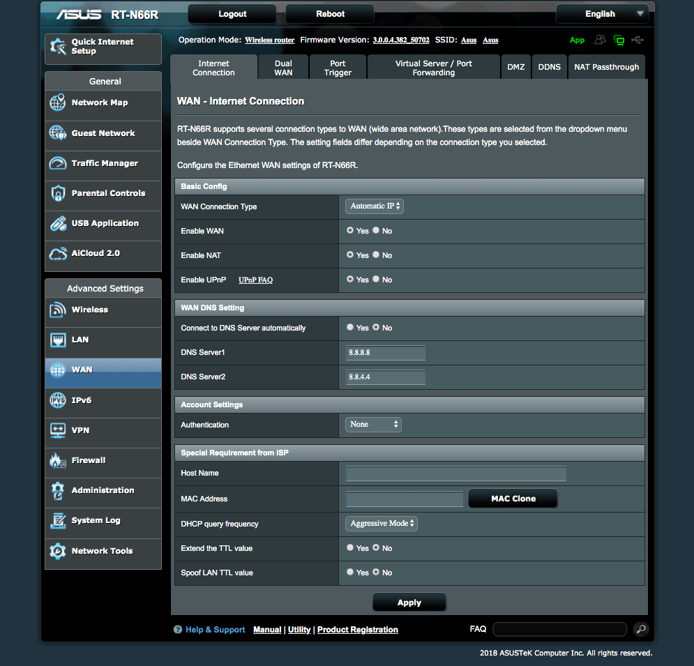Advanced Settings > WAN | PPTP on a Router with AsusWRT