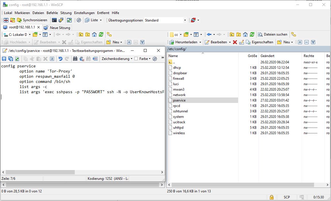 WinSCP: Editieren von /etc/config/pservice | SSH-Tunnel auf einem Router mit OpenWRT