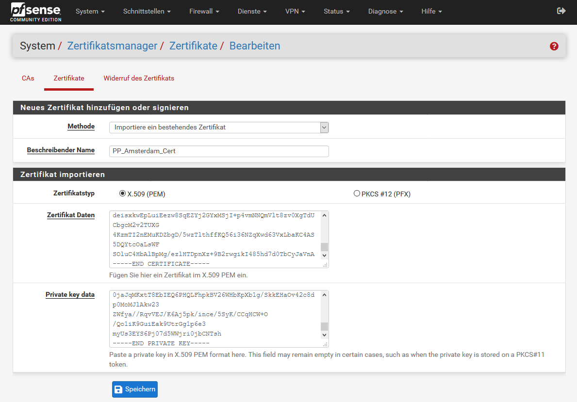 Zertifikat und Schlüssel eintragen | OpenVPN auf pfSense
