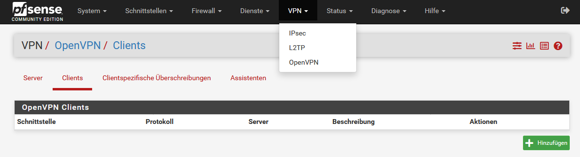 VPN > OpenVPN > Clients: Hinzufügen anklicken | OpenVPN auf pfSense