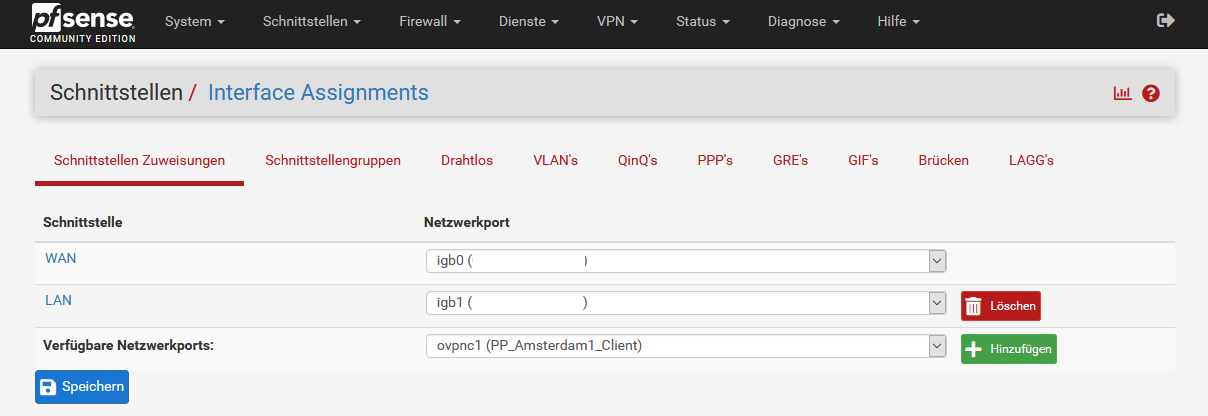 Schnittstellen > Schnittstellen Zuweisungen > Verfügbare Netzwerkports > ovpnc1 | OpenVPN auf pfSense