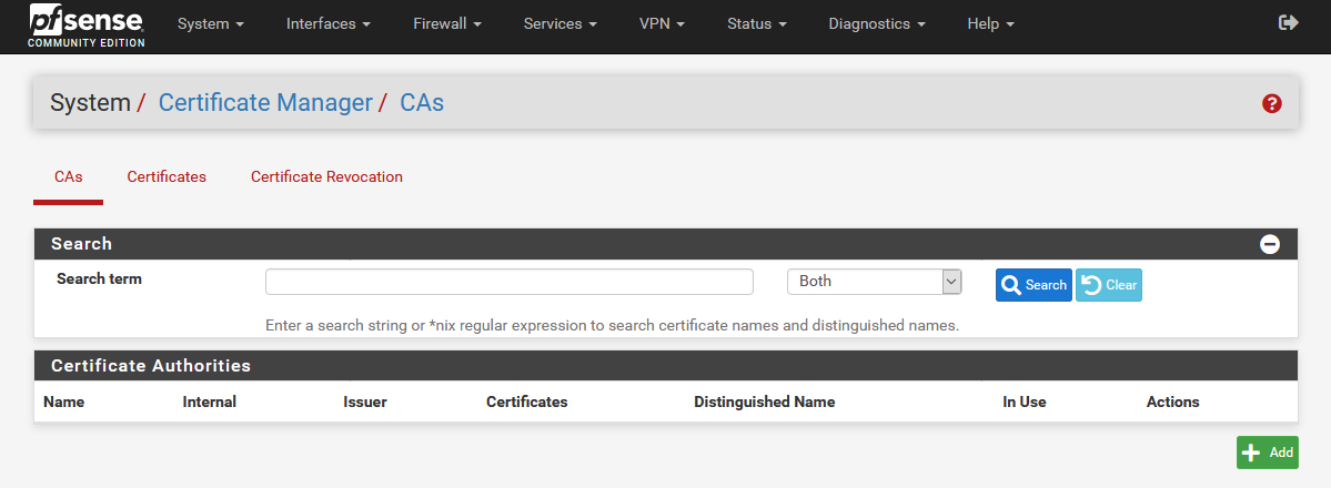 System > Certificate Manager > CAs: Add CA | OpenVPN on pfSense
