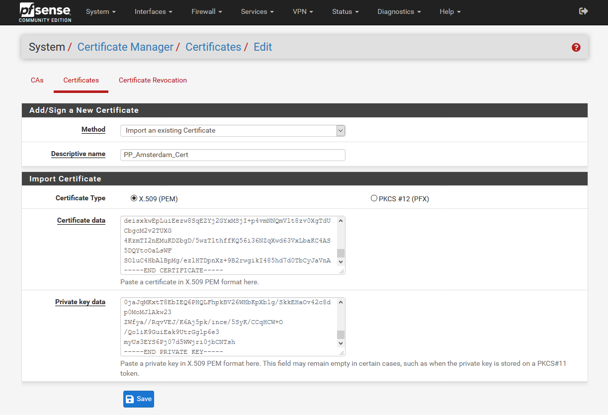 Enter certificate and key | OpenVPN on pfSense