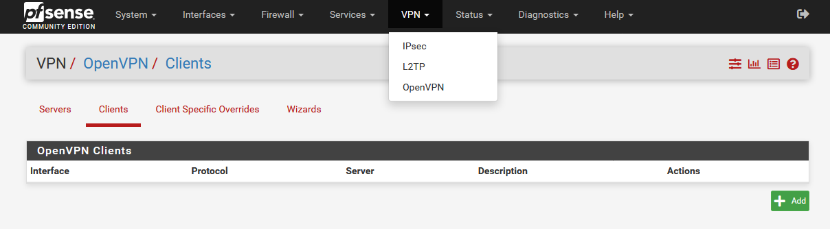 VPN > OpenVPN > Clients: Click Add | OpenVPN on pfSense