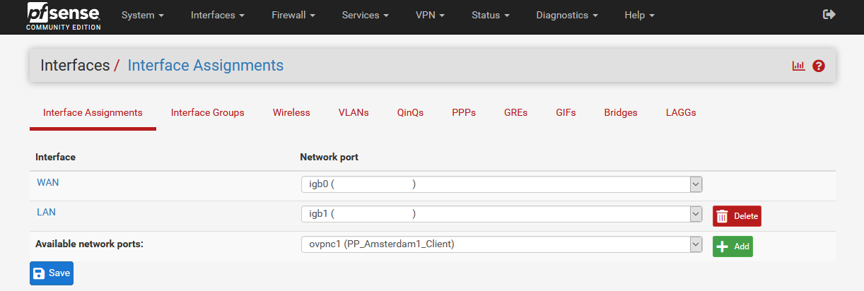 Interfaces > Interface Assignments > Available Network Ports > ovpnc1 | OpenVPN on pfSense
