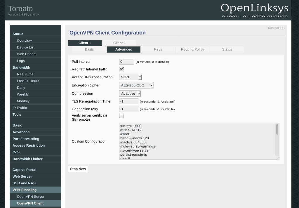 Advanced: Optionen wie gezeigt setzen | OpenVPN auf Router mit Tomato by Shibby
