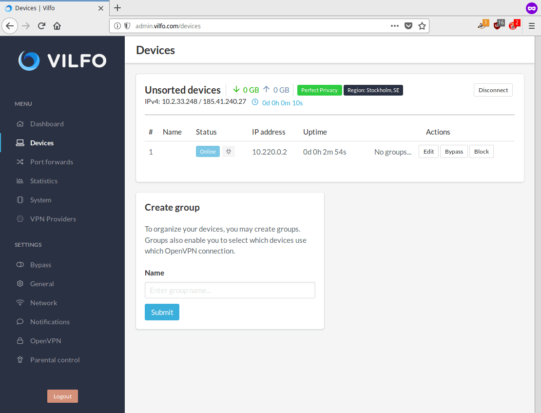 Vilfo: VPN-Verbindung hergestellt | Perfect Privacy VPN für Vilfo Router