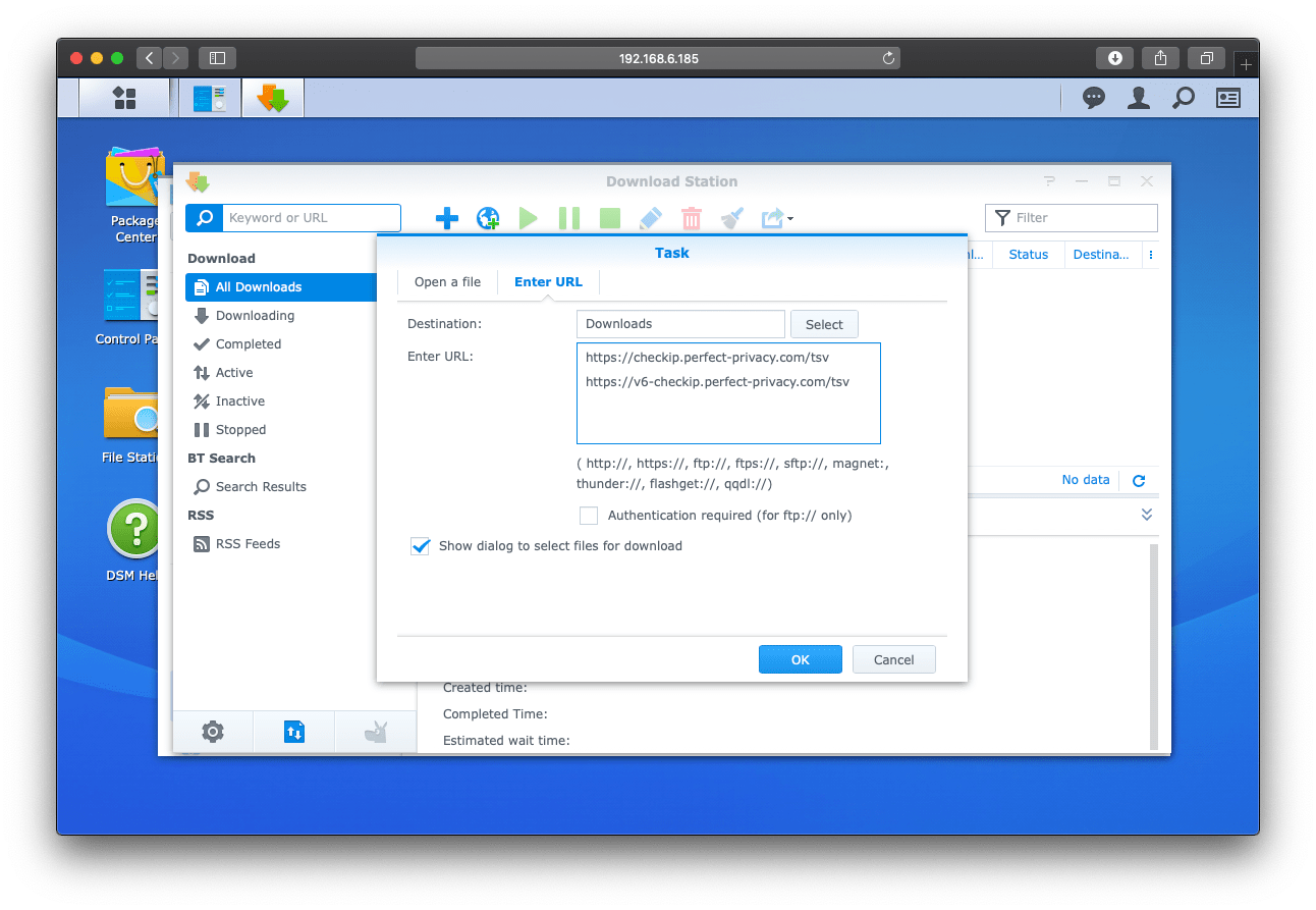 Add download tasks: enter URLs | Setting up OpenVPN on Synology DiskStation