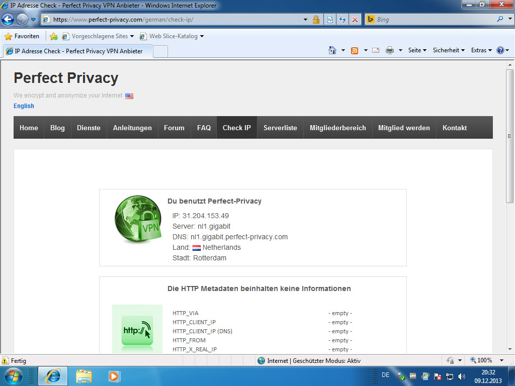 Screenshot Windows 7 Internet Explorer Perfect Privacy Check IP Webseite | HTTP Proxy unter Windows 7 einrichten