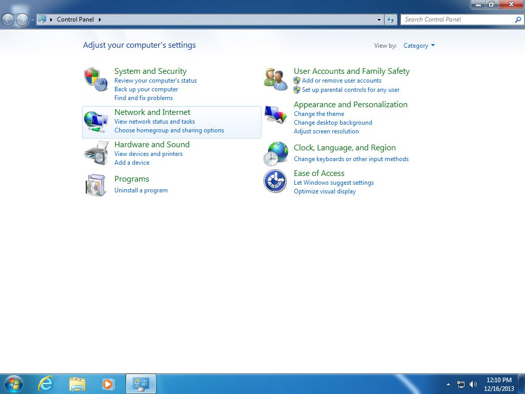 Screenshot Windows 7 Control Panel choose Network and Internet | HTTP proxy configuration on Windows 7