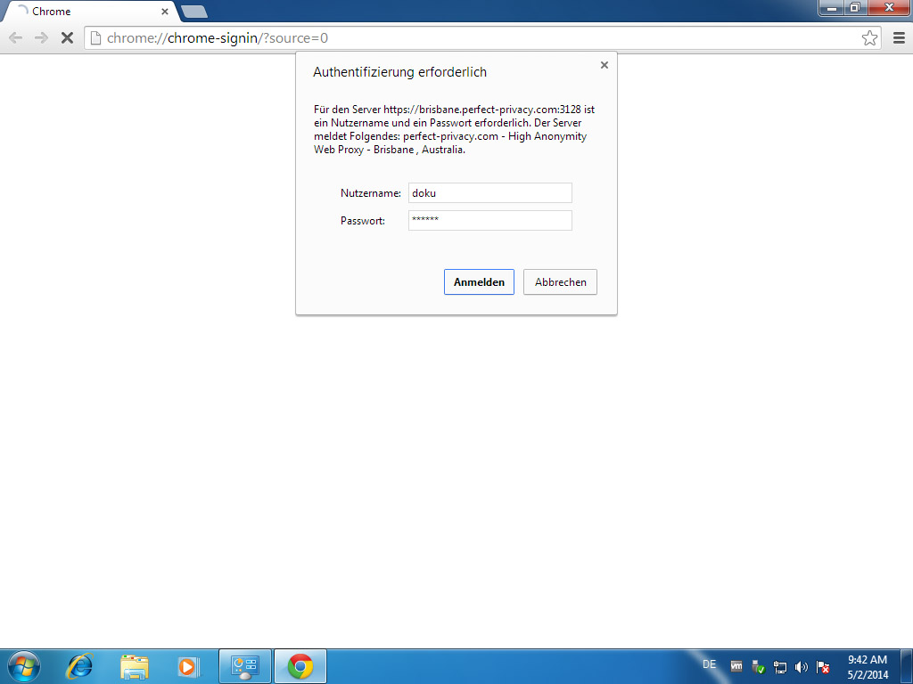 Screenshot Windows 7 Chrome type in Perfect Privacy login credentials | HTTP proxy configuration on Windows 7