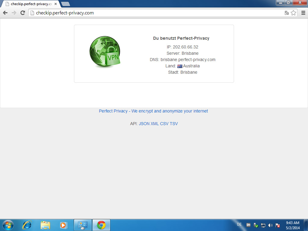 Screenshot Windows 7 Chrome Perfect Privacy Check IP Website | HTTP proxy configuration on Windows 7