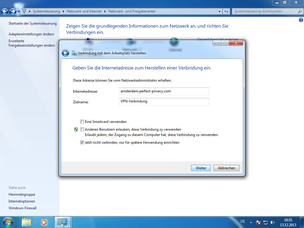 Screenshot Windows 7 Verbindung mit dem Arbeitsplatz herstellen Eingabe des Perfect Privacy Servers und Verbindungsname | IPsec/IKEv2 unter Windows 7 einrichten