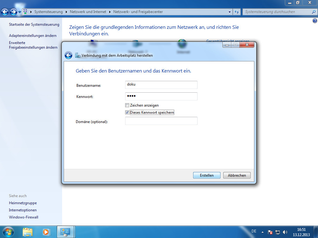 Screenshot Windows 7 Verbindung mit dem Arbeitsplatz herstellen Eingabe Perfect Privacy Zugangsdaten | IPsec/IKEv2 unter Windows 7 einrichten